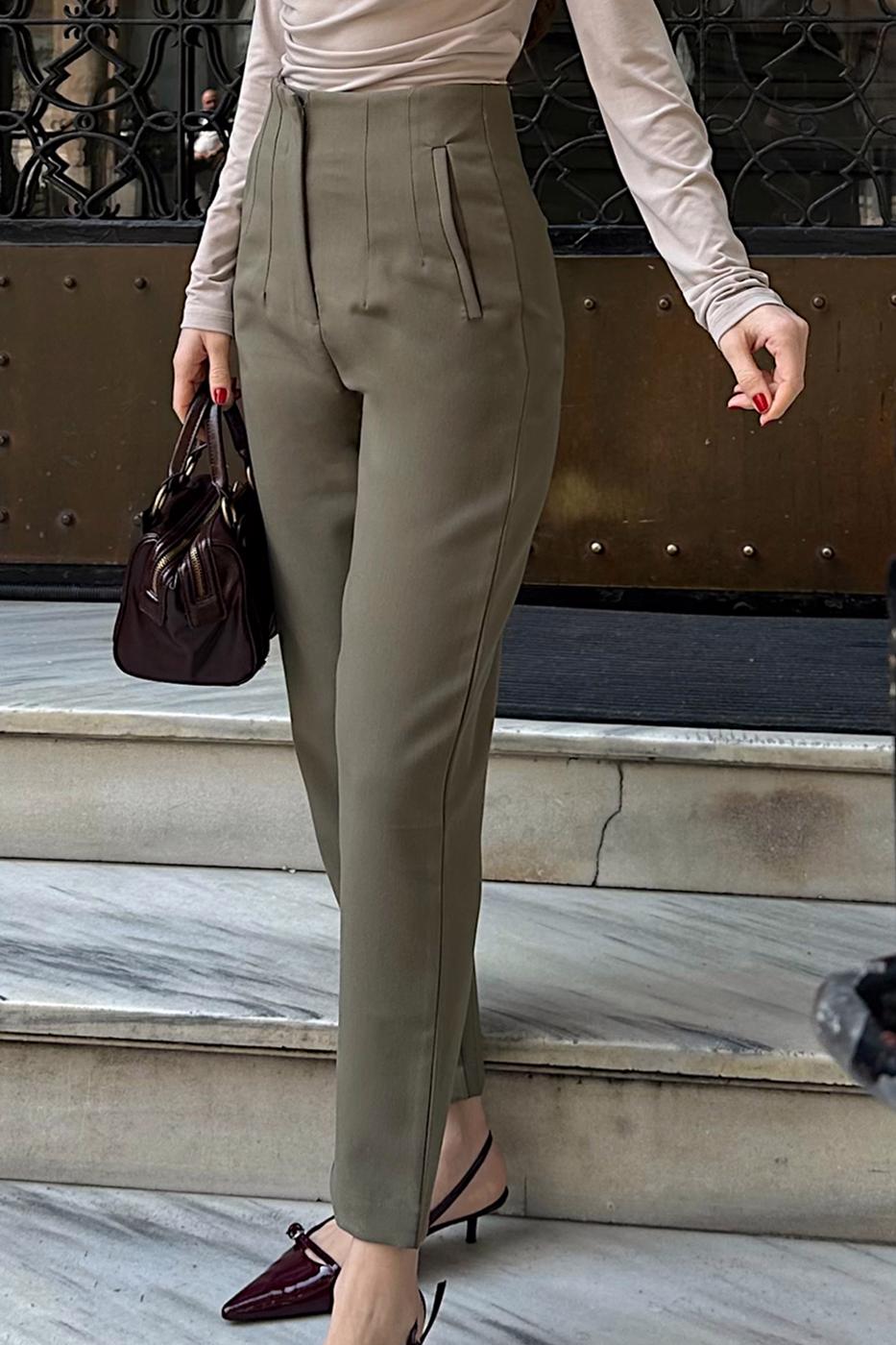 High-Waisted Darted Cigarette Pants Khaki