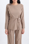 Round Neck Belted Blouse Brown