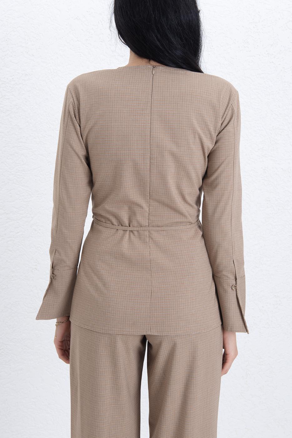 Round Neck Belted Blouse Brown