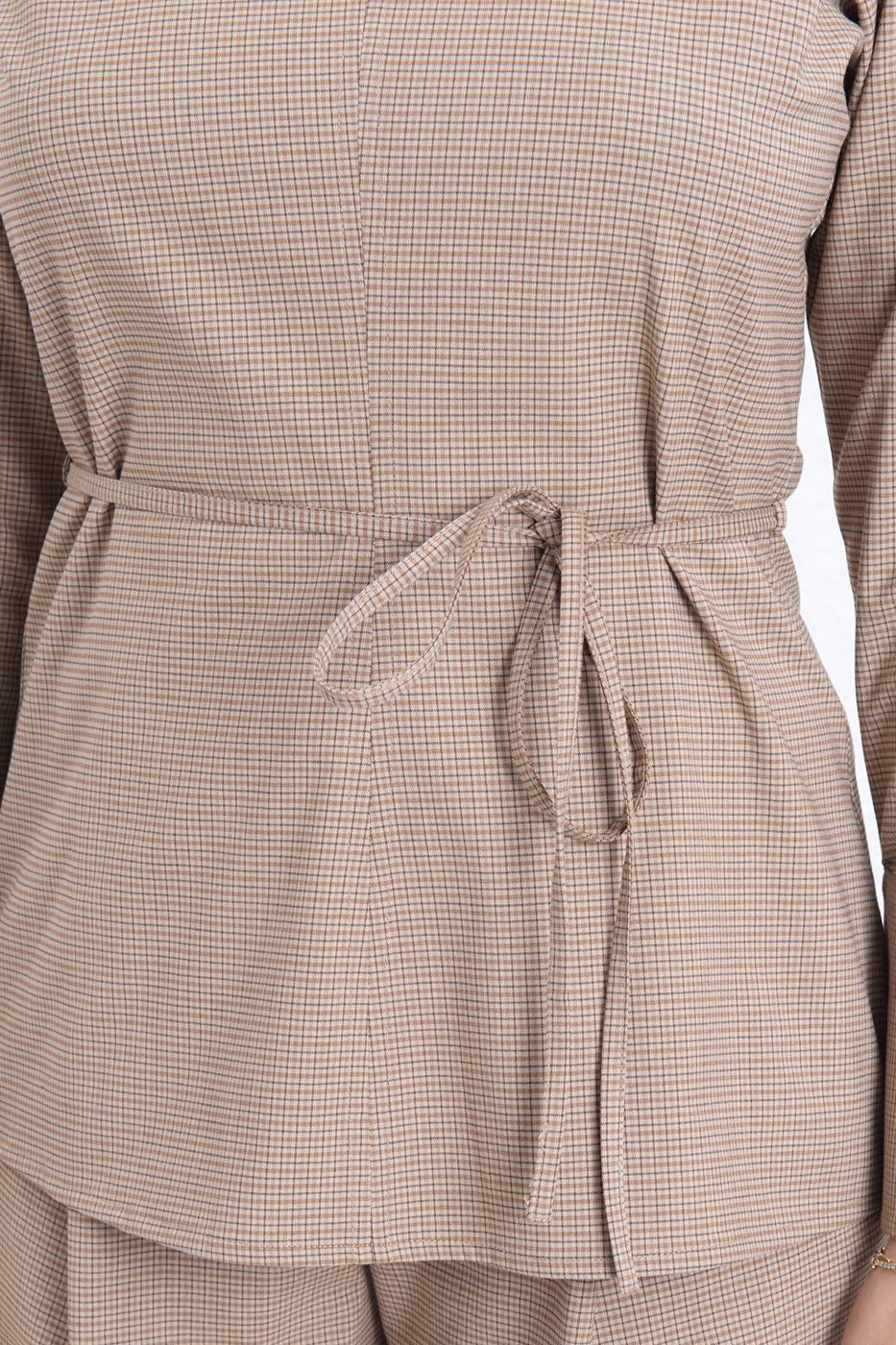 Round Neck Belted Blouse Brown