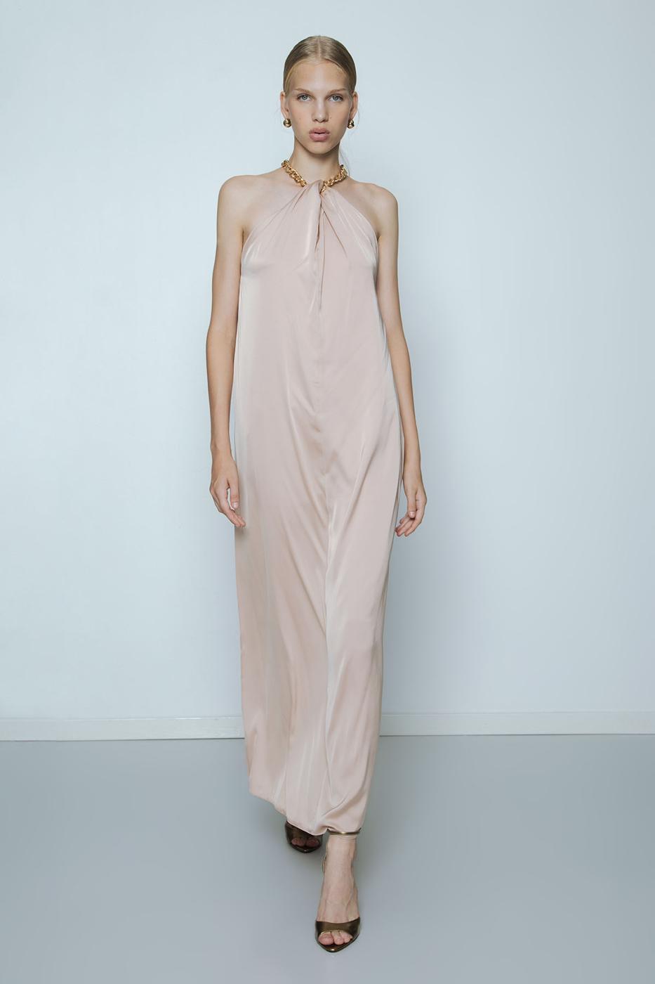 Chain Detailed Satin Maxi Dress Beige