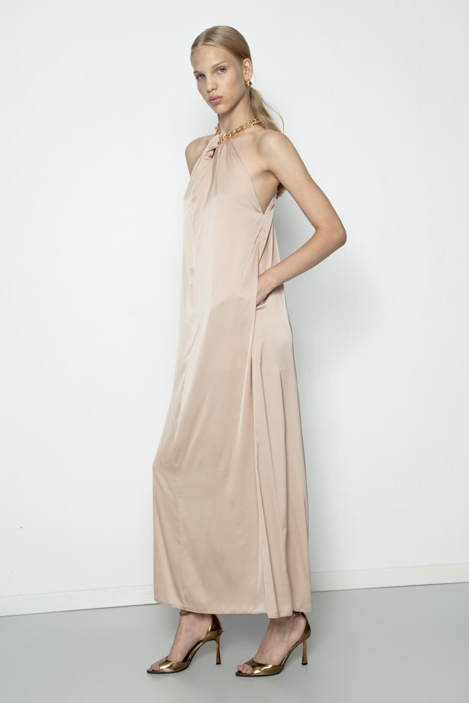 Chain Detailed Satin Maxi Dress Beige