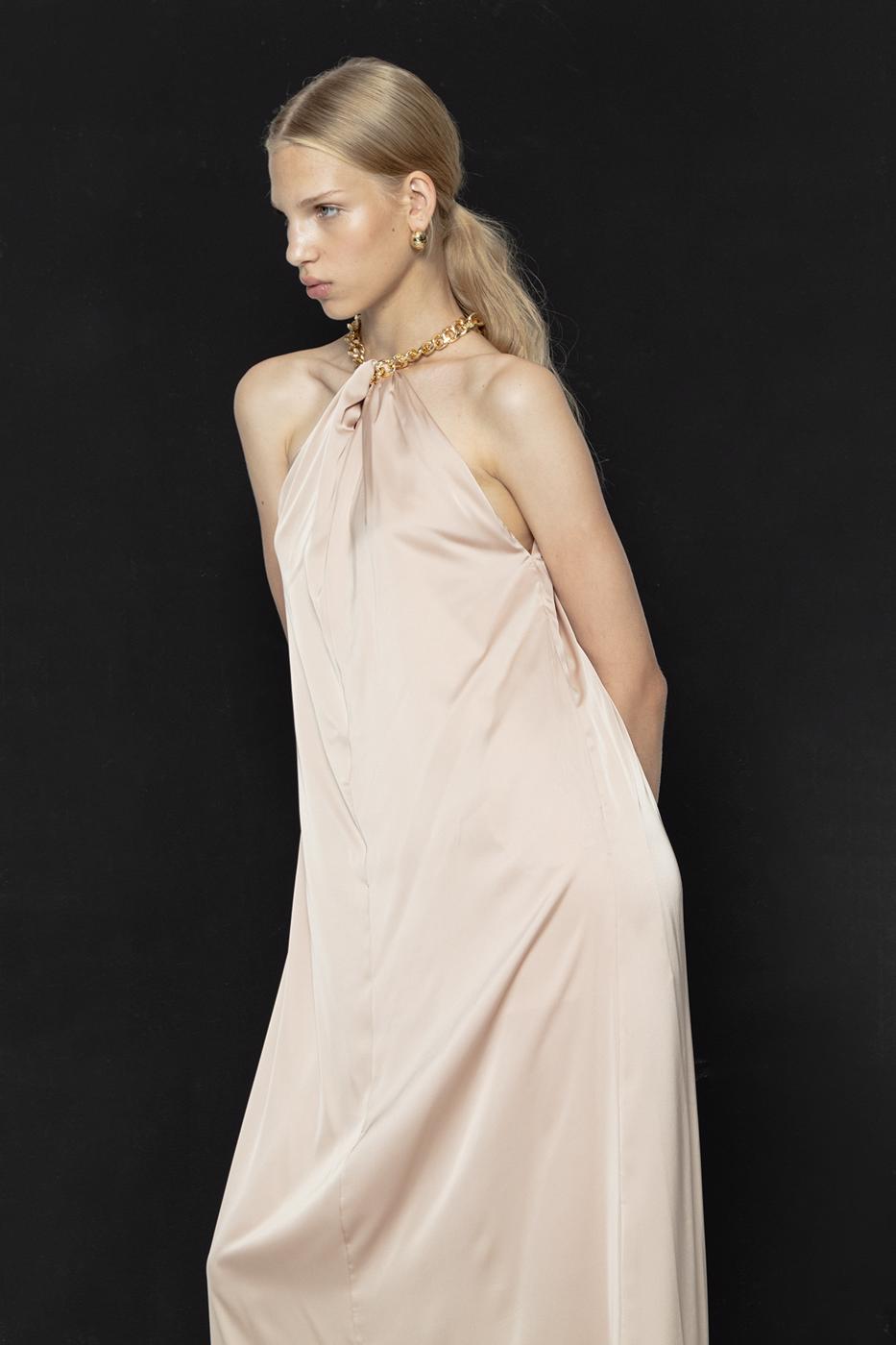 Chain Detailed Satin Maxi Dress Beige