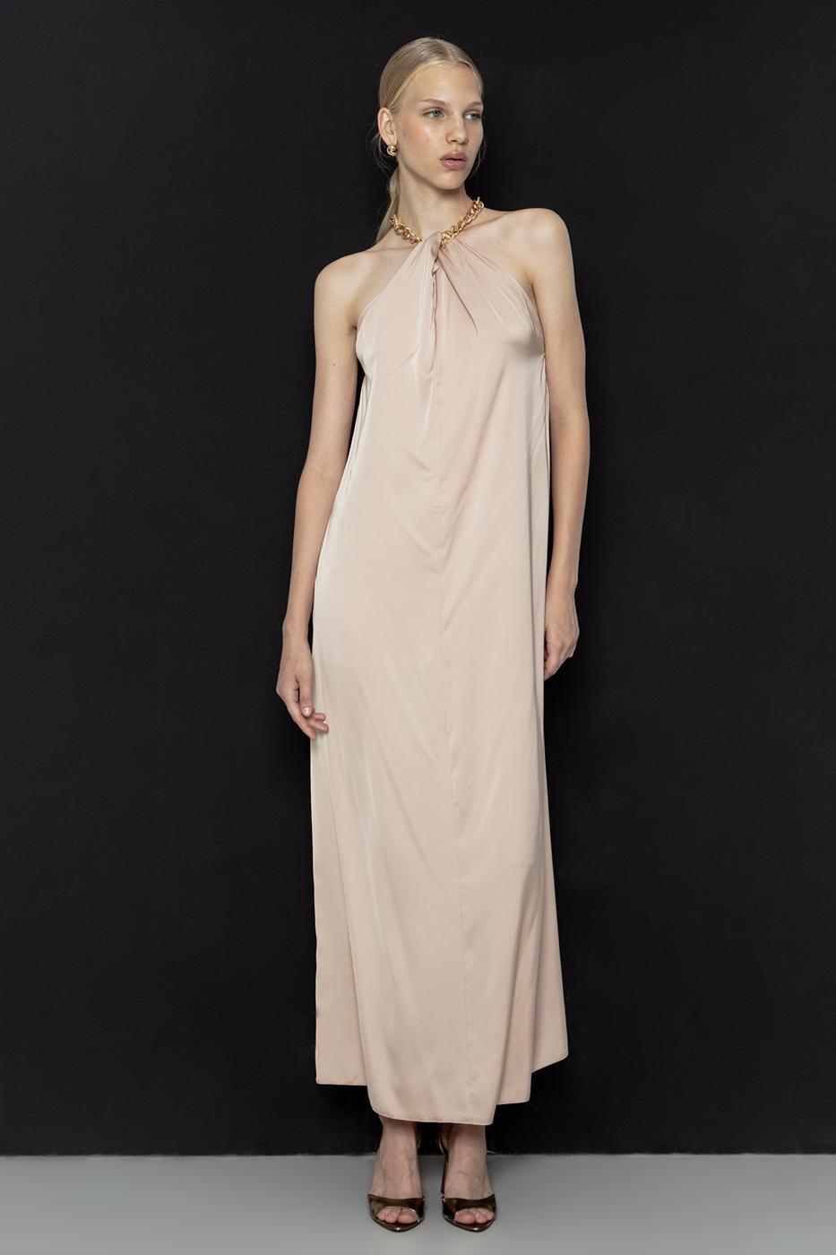 Chain Detailed Satin Maxi Dress Beige