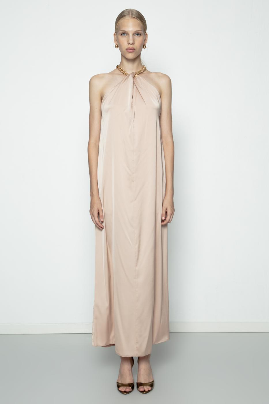 Chain Detailed Satin Maxi Dress Beige