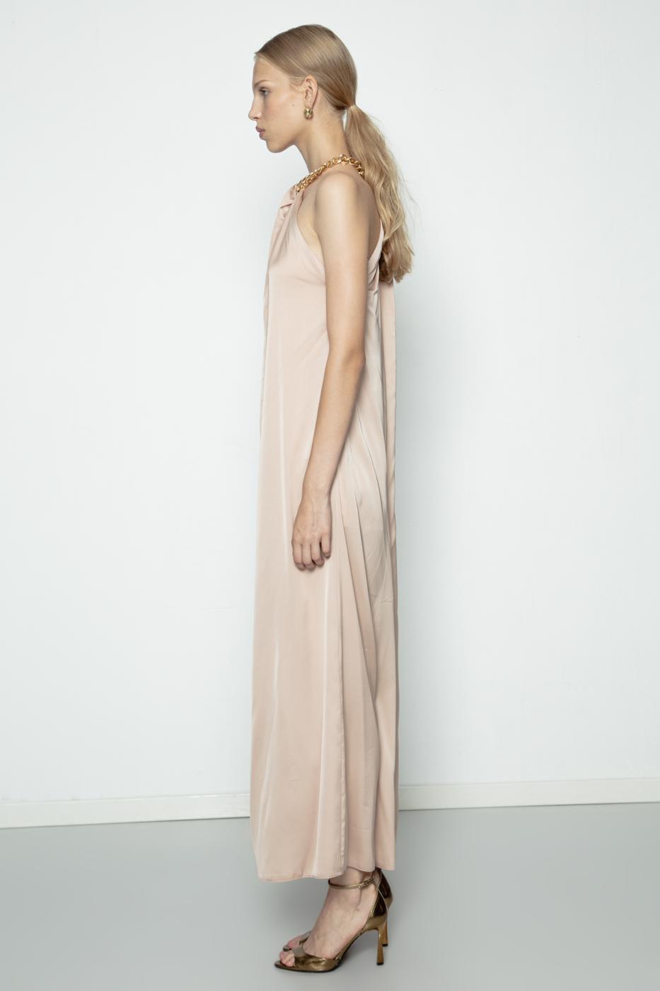 Chain Detailed Satin Maxi Dress Beige