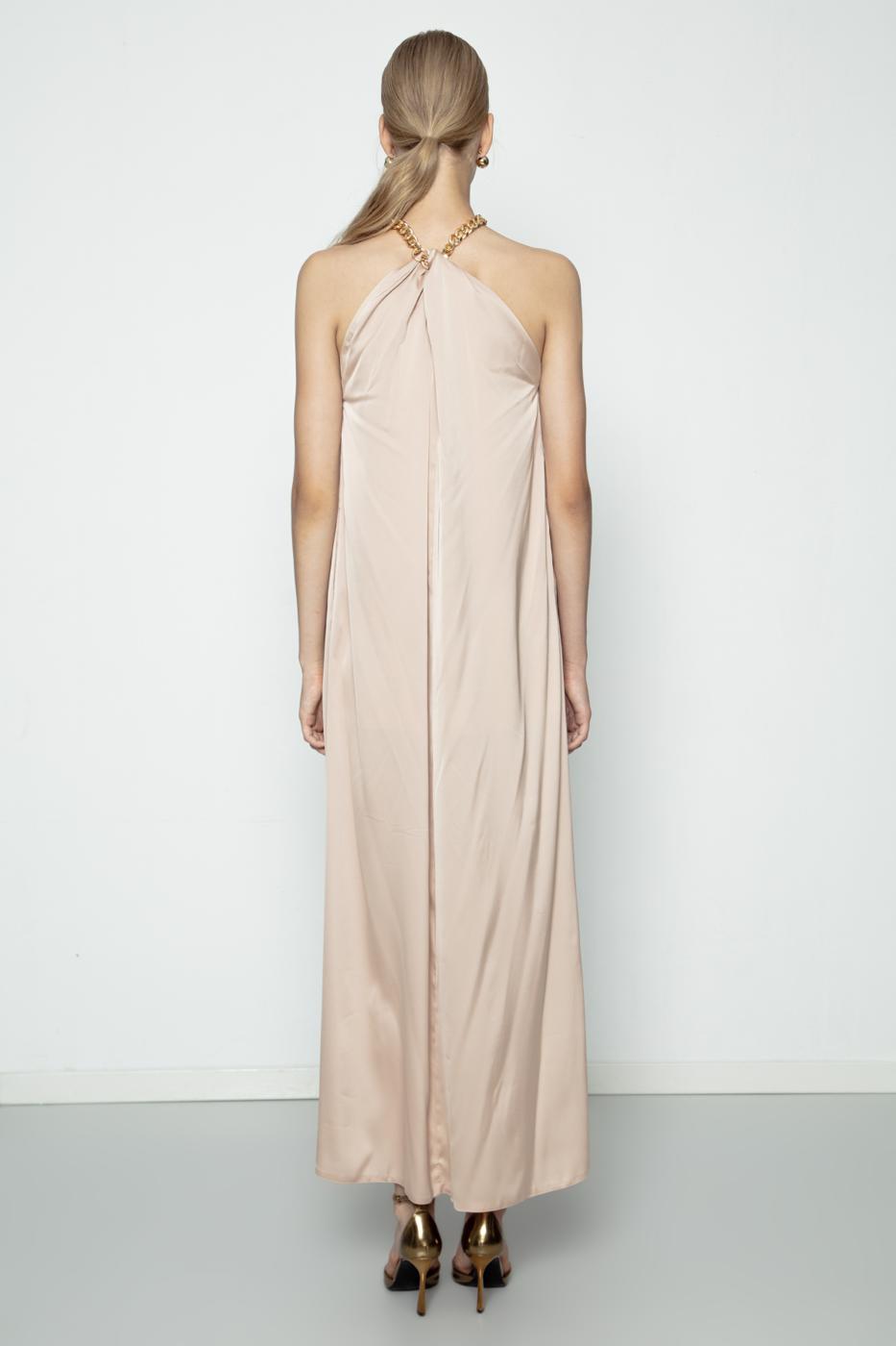 Chain Detailed Satin Maxi Dress Beige