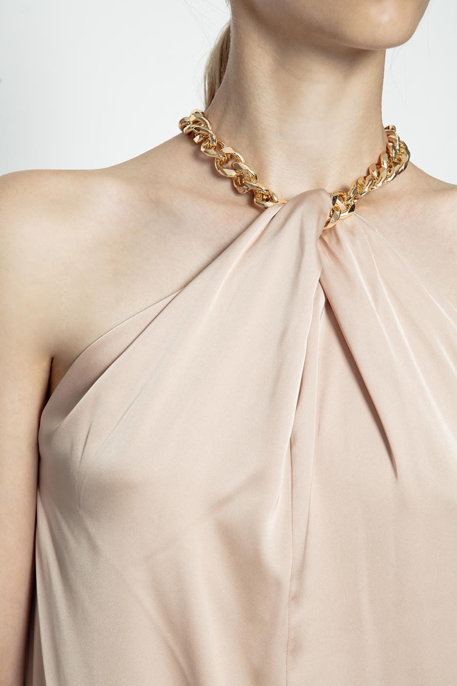 Chain Detailed Satin Maxi Dress Beige