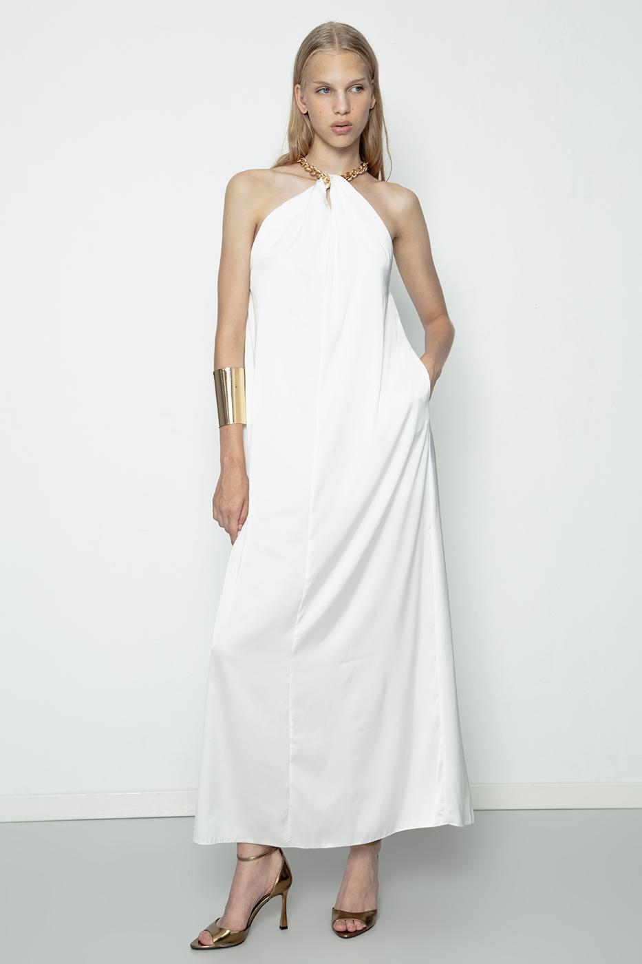 Chain Detailed Satin Maxi Dress Ecru
