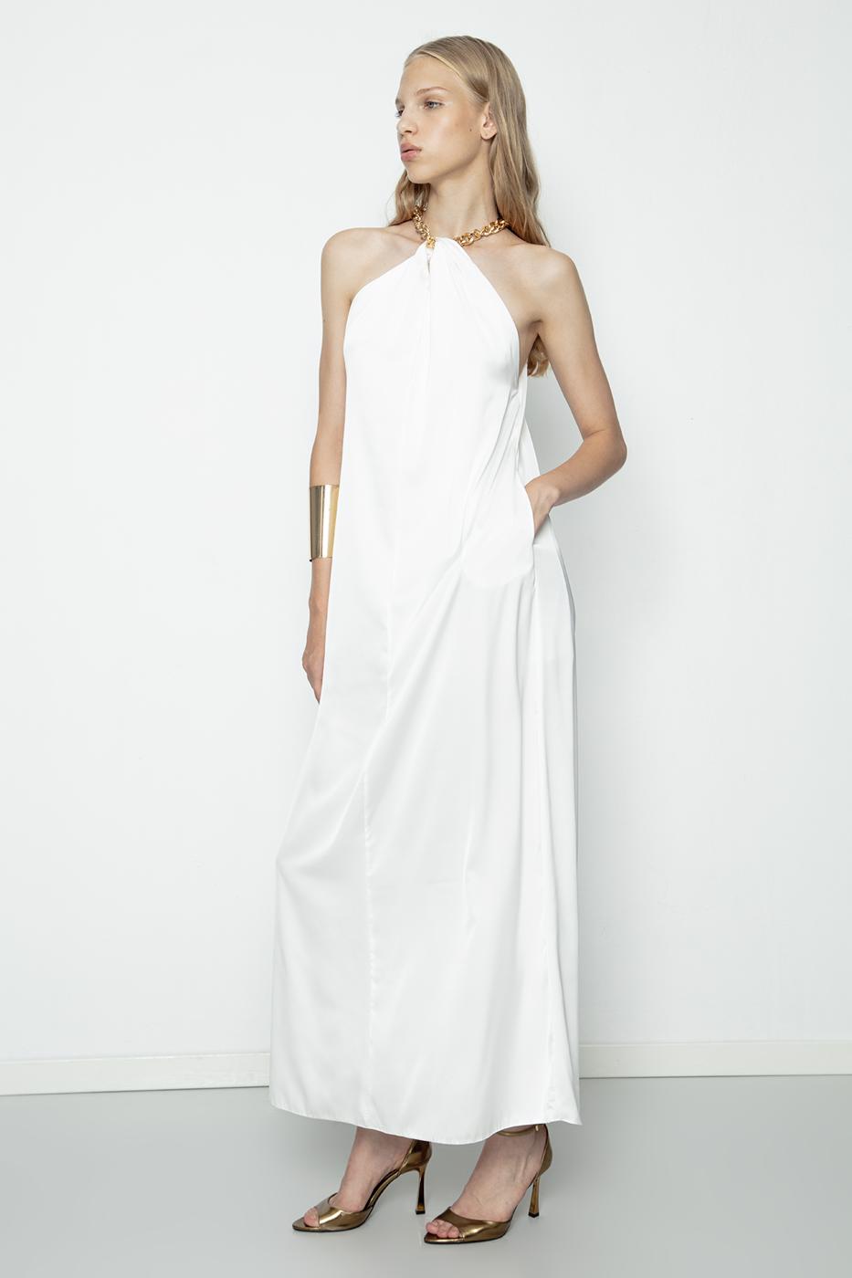 Chain Detailed Satin Maxi Dress Ecru