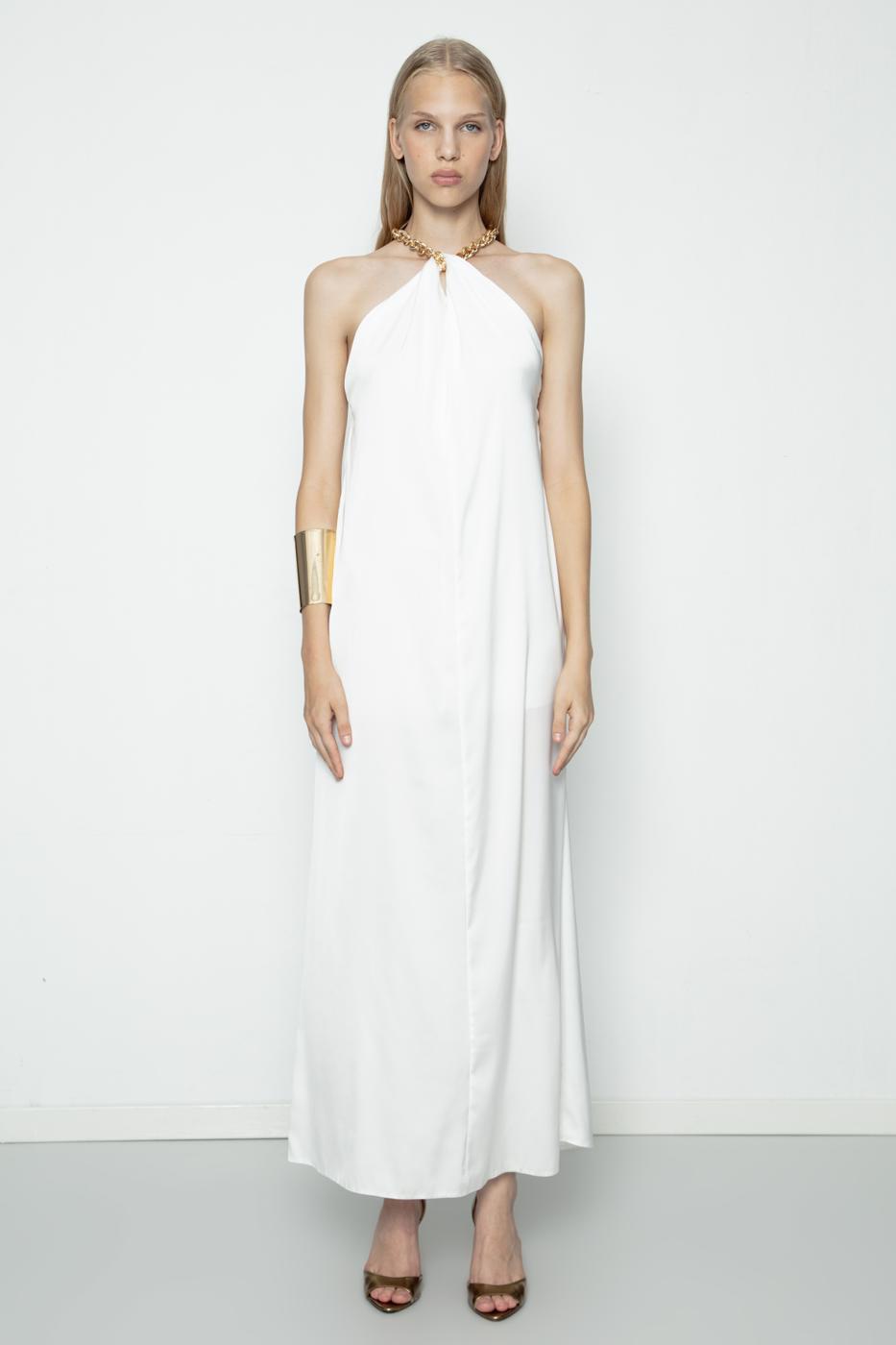 Chain Detailed Satin Maxi Dress Ecru