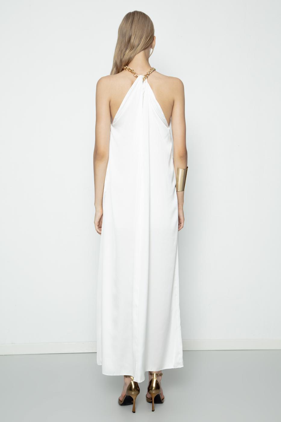 Chain Detailed Satin Maxi Dress Ecru