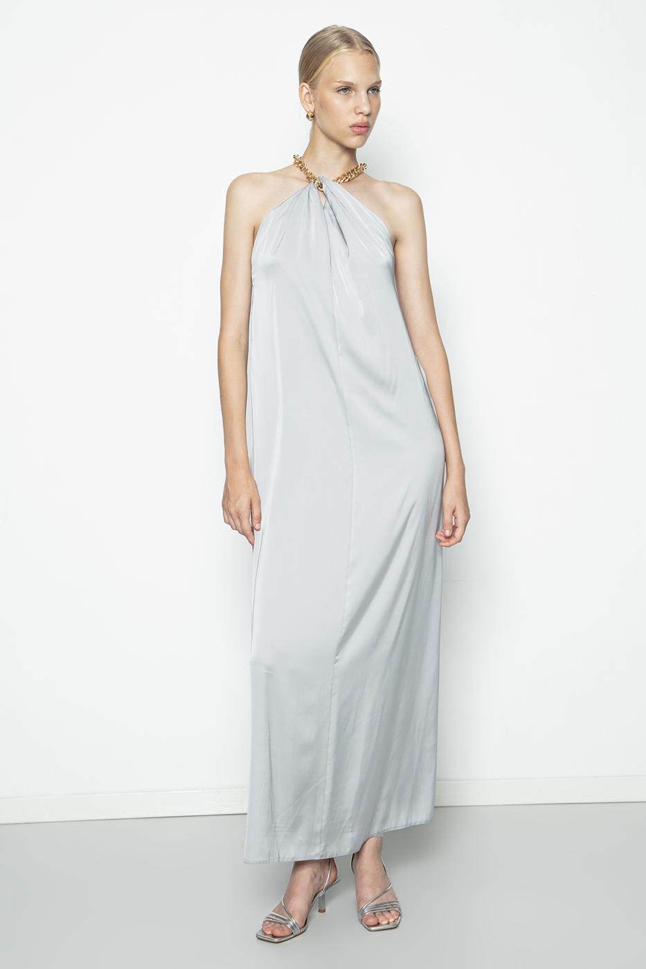 Chain Detailed Satin Maxi Dress Grey