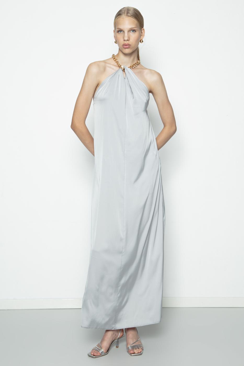 Chain Detailed Satin Maxi Dress Grey