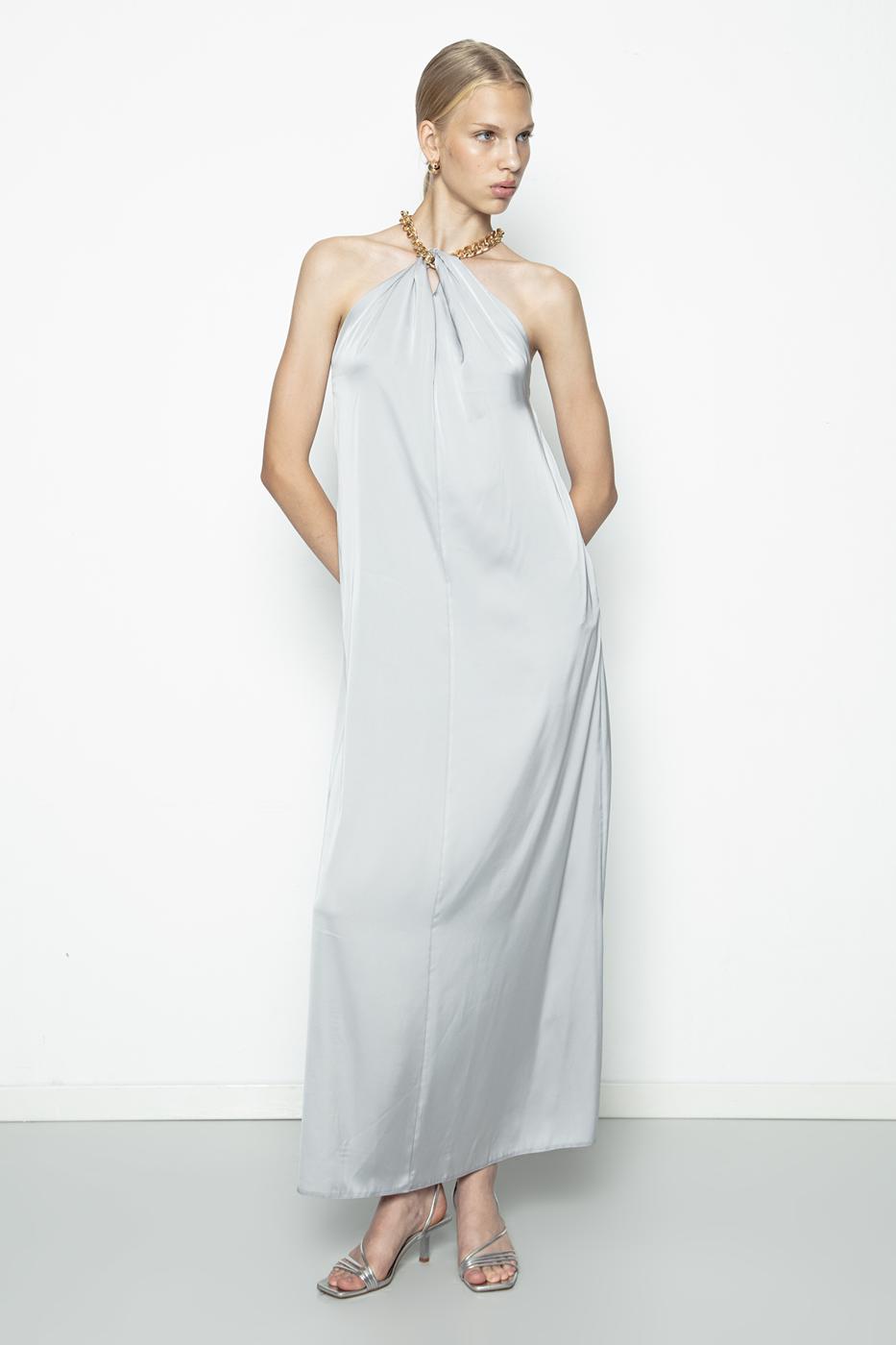 Chain Detailed Satin Maxi Dress Grey