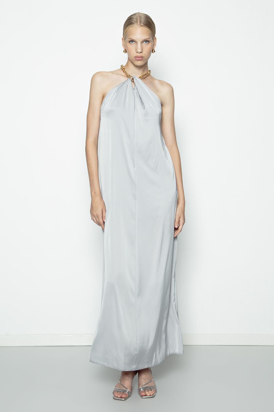 Chain Detailed Satin Maxi Dress Grey