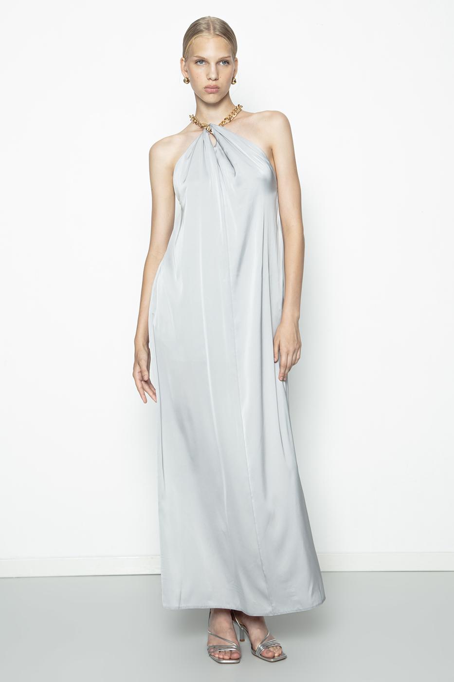 Chain Detailed Satin Maxi Dress Grey