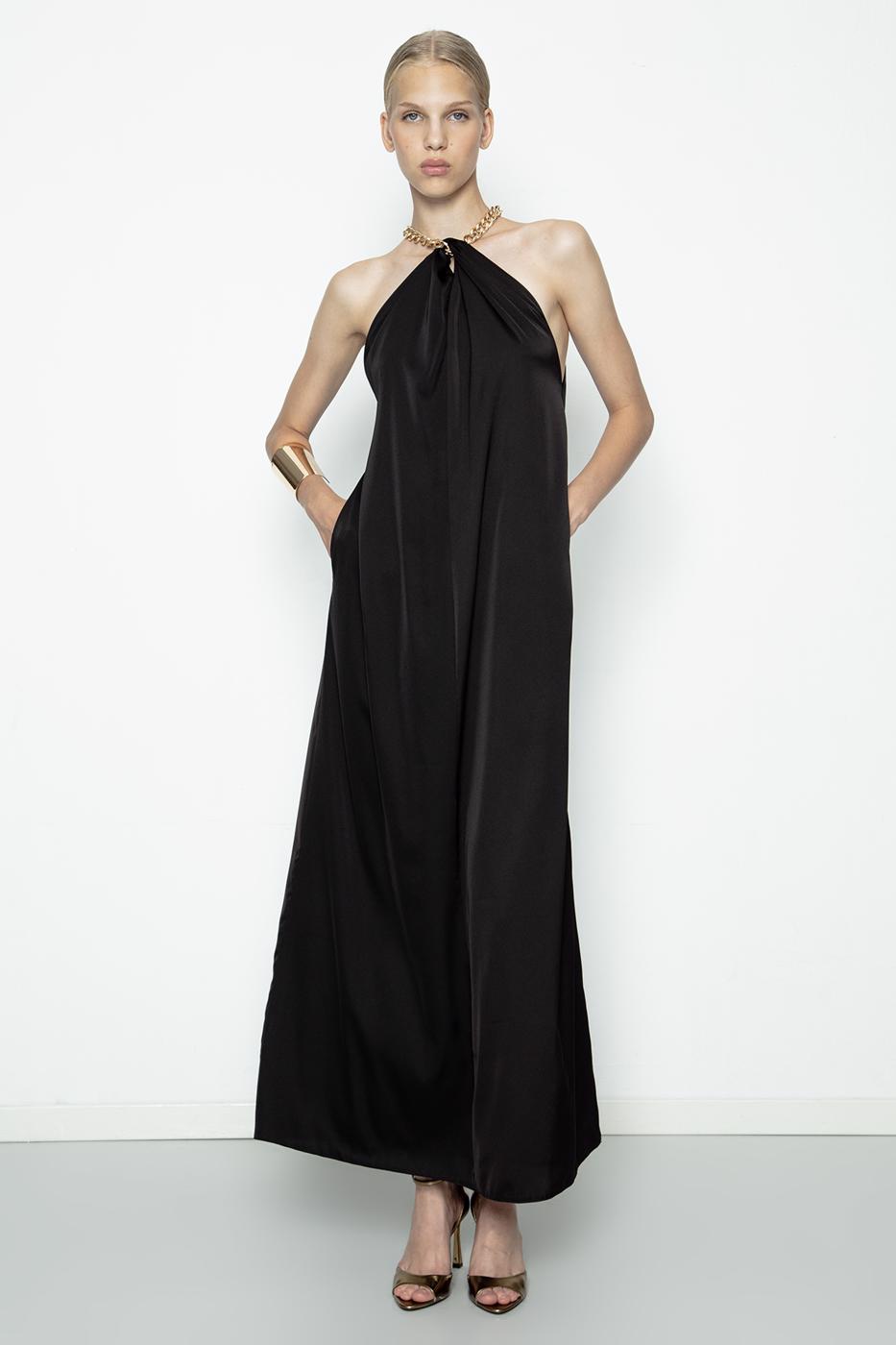 Chain Detailed Satin Maxi Dress Black