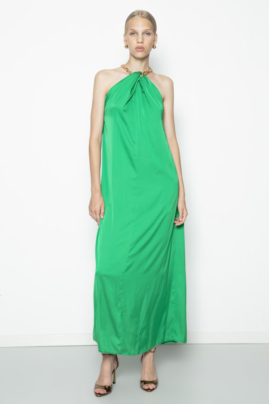 Chain Detailed Satin Maxi Dress Green