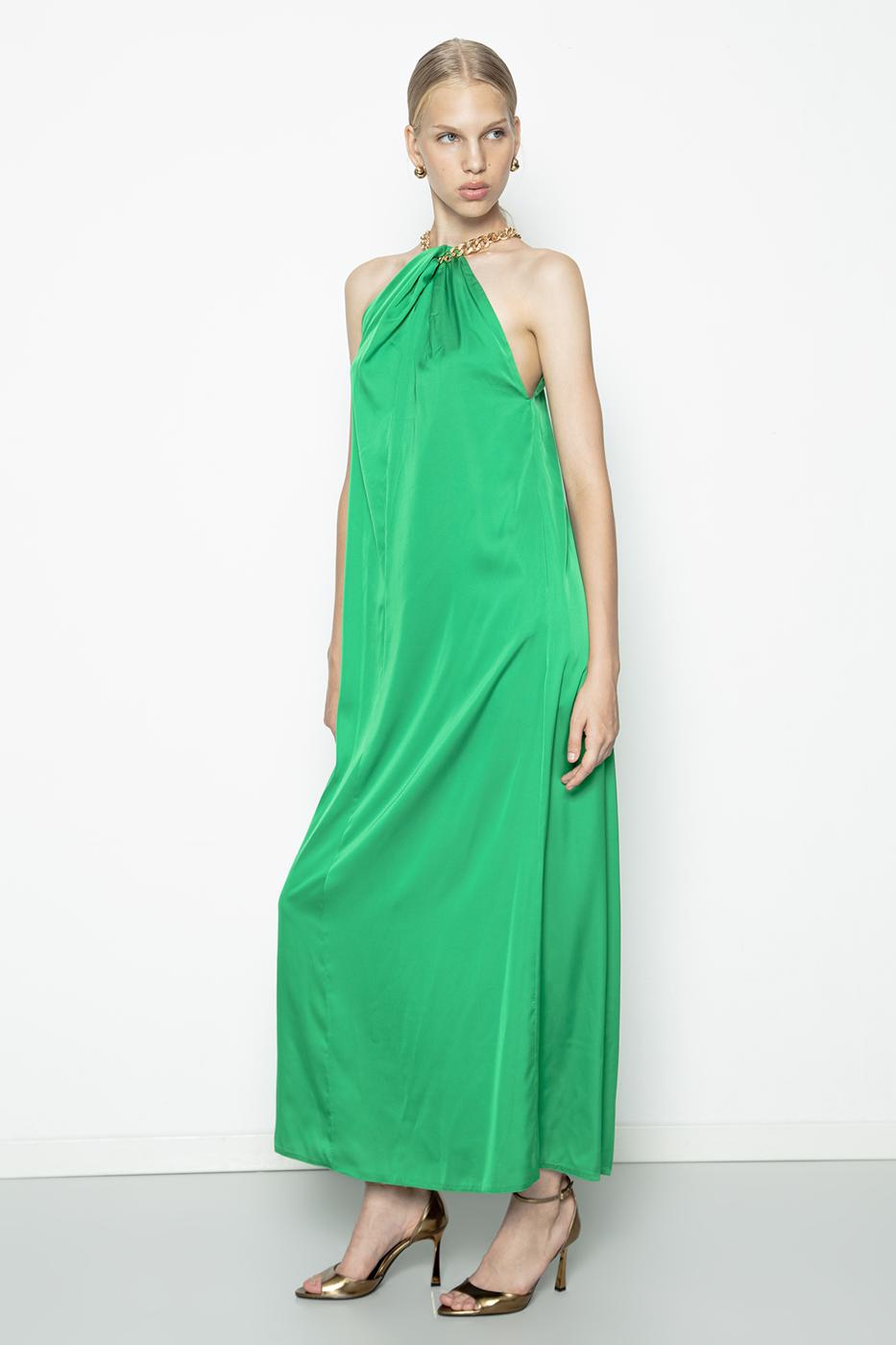 Chain Detailed Satin Maxi Dress Green