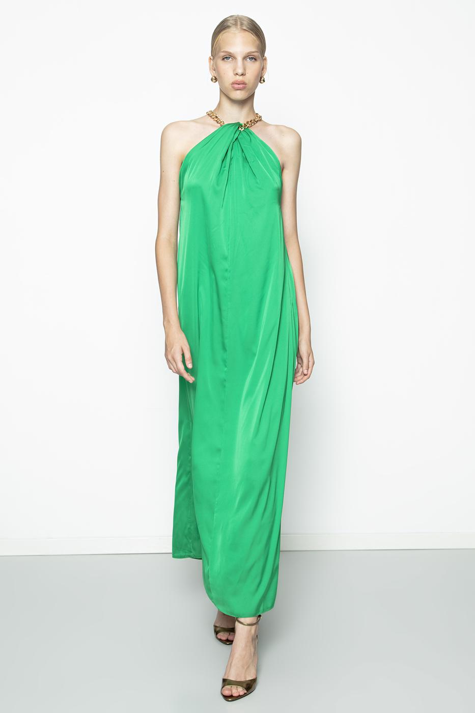 Chain Detailed Satin Maxi Dress Green