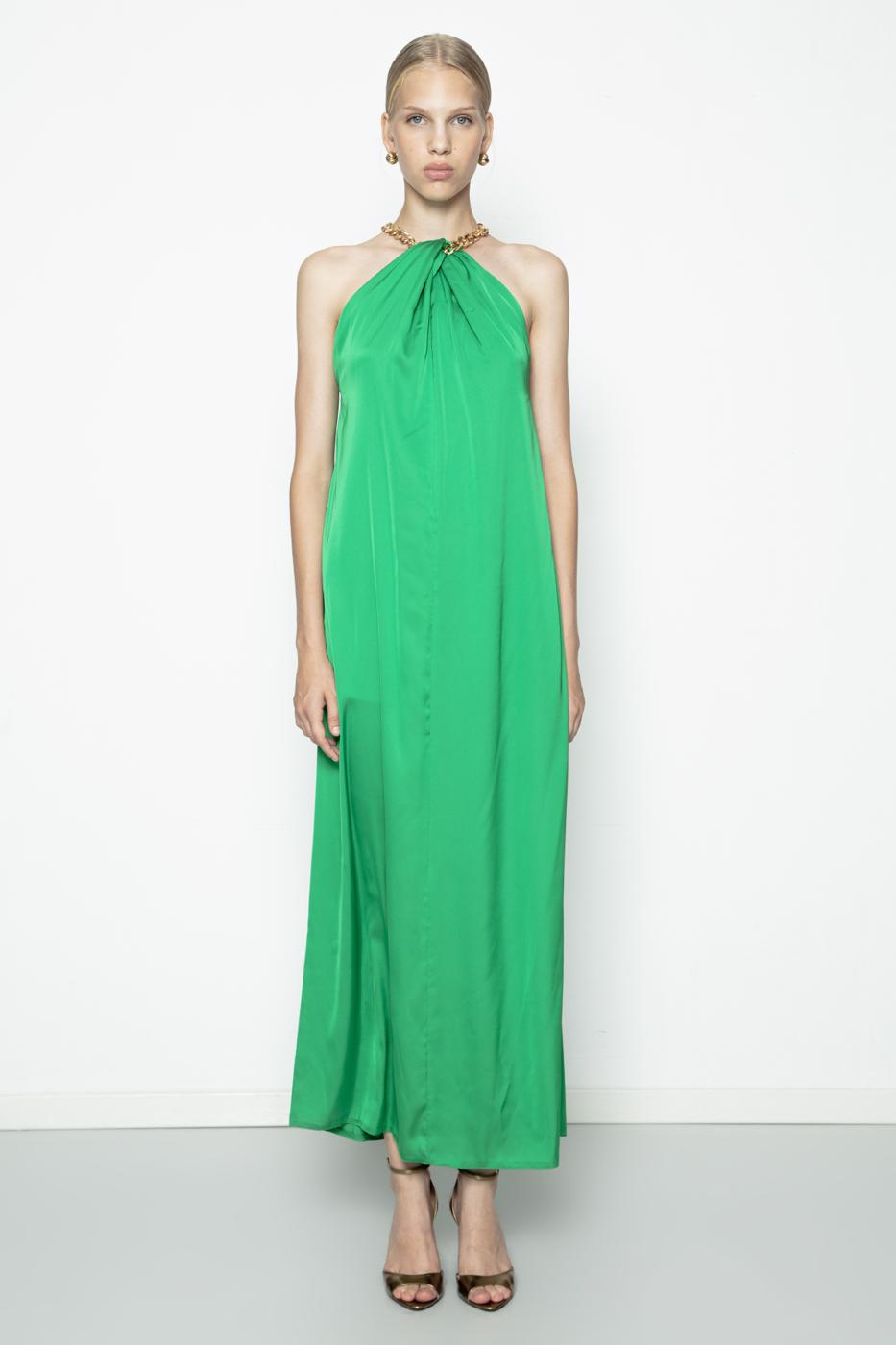 Chain Detailed Satin Maxi Dress Green